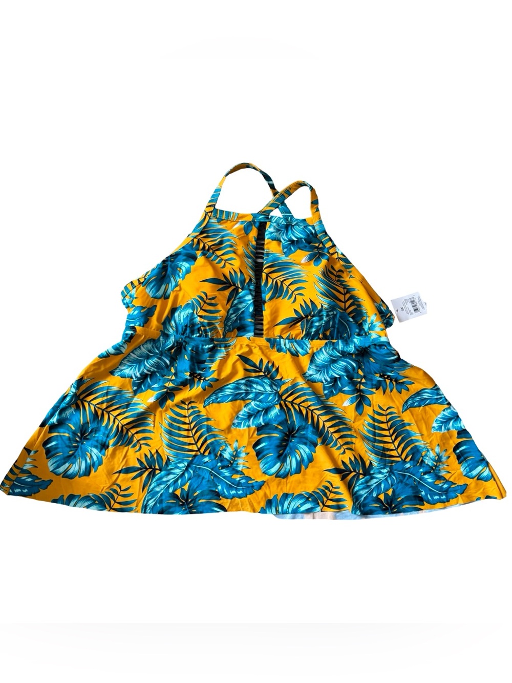 George Plus High Neck Tankini Top 3X Yellow Tropical Print NWT